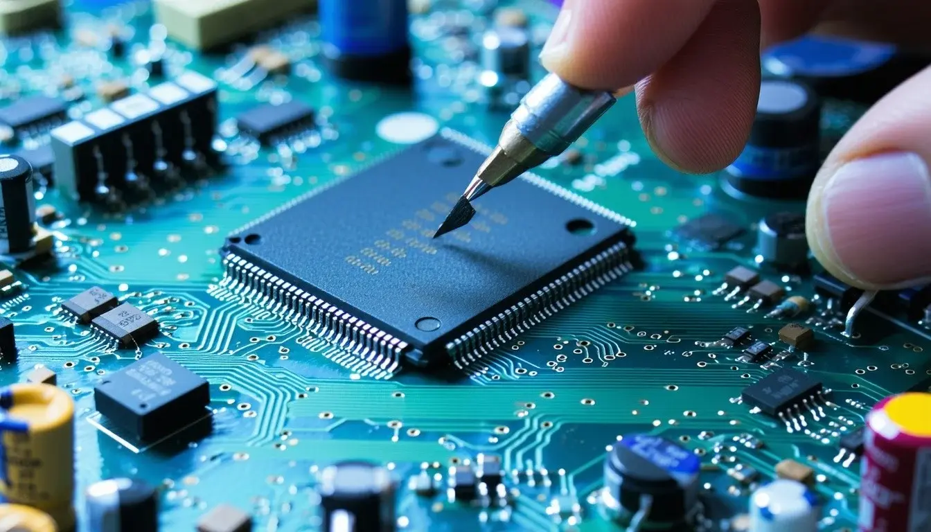 Person repairing a circuit board.
